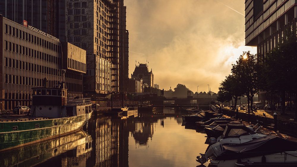 Zonsopkomst rond het Witte Huis in Rotterdam